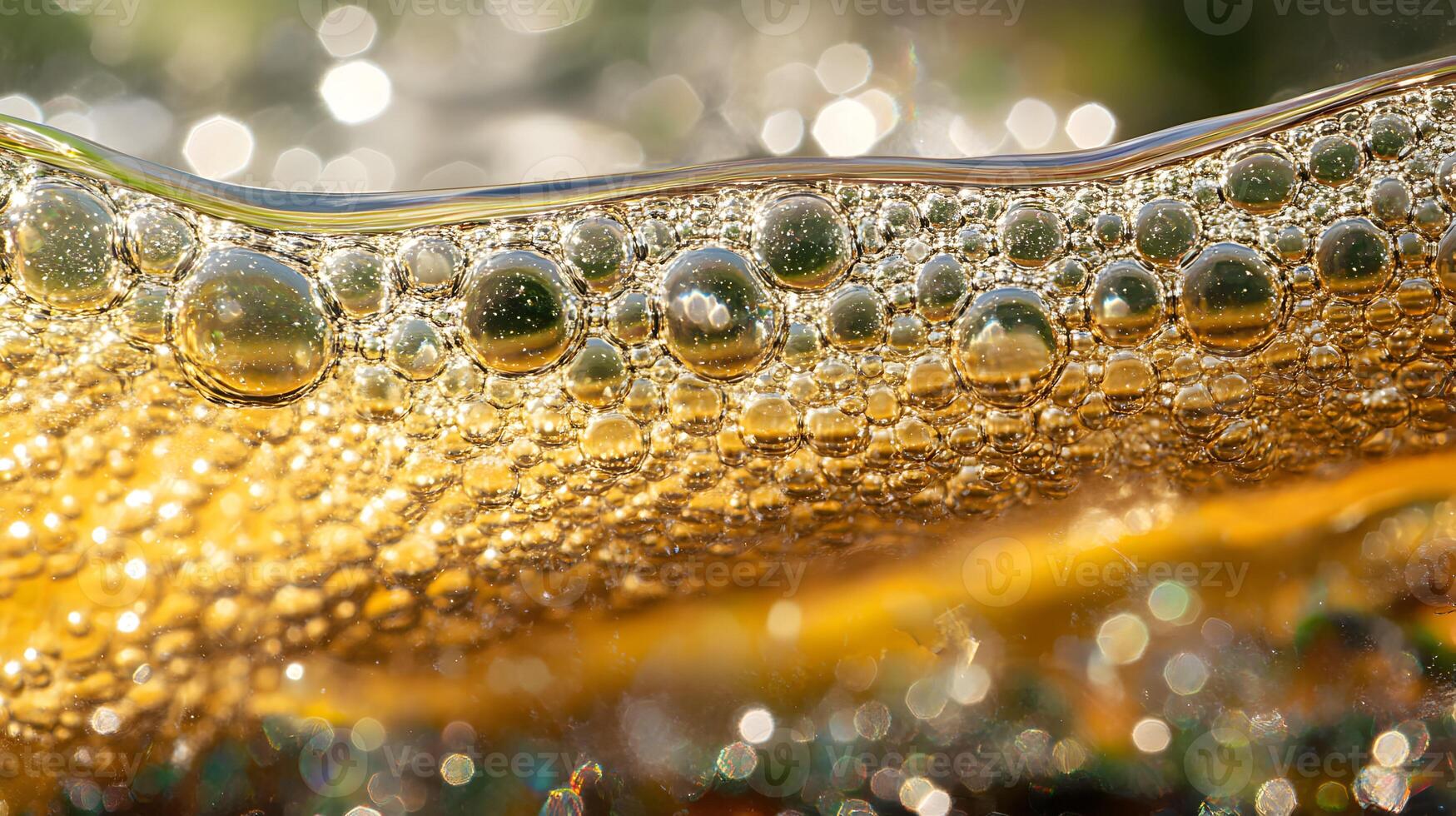 Iridescent orbs a macro perspective of golden liquid surface with floating spheres reflection photo