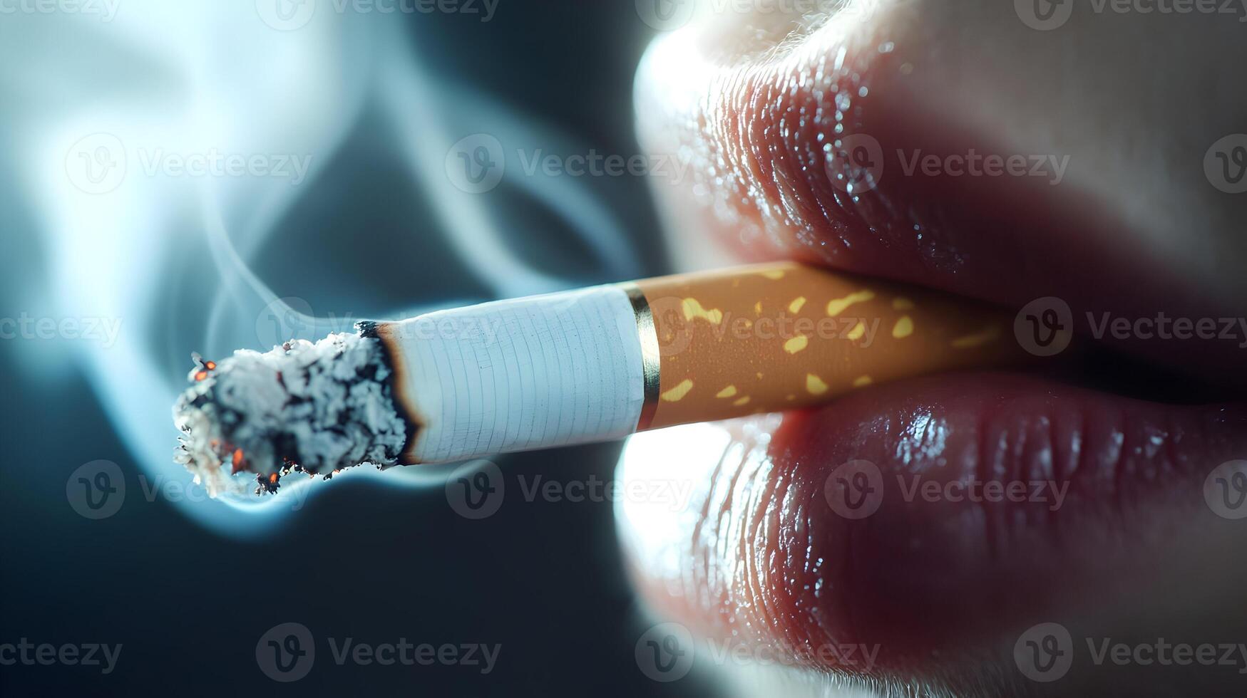 Dramatic portrayal of a lit cigarette held between lips, highlighting the act of smoking and its visual texture photo