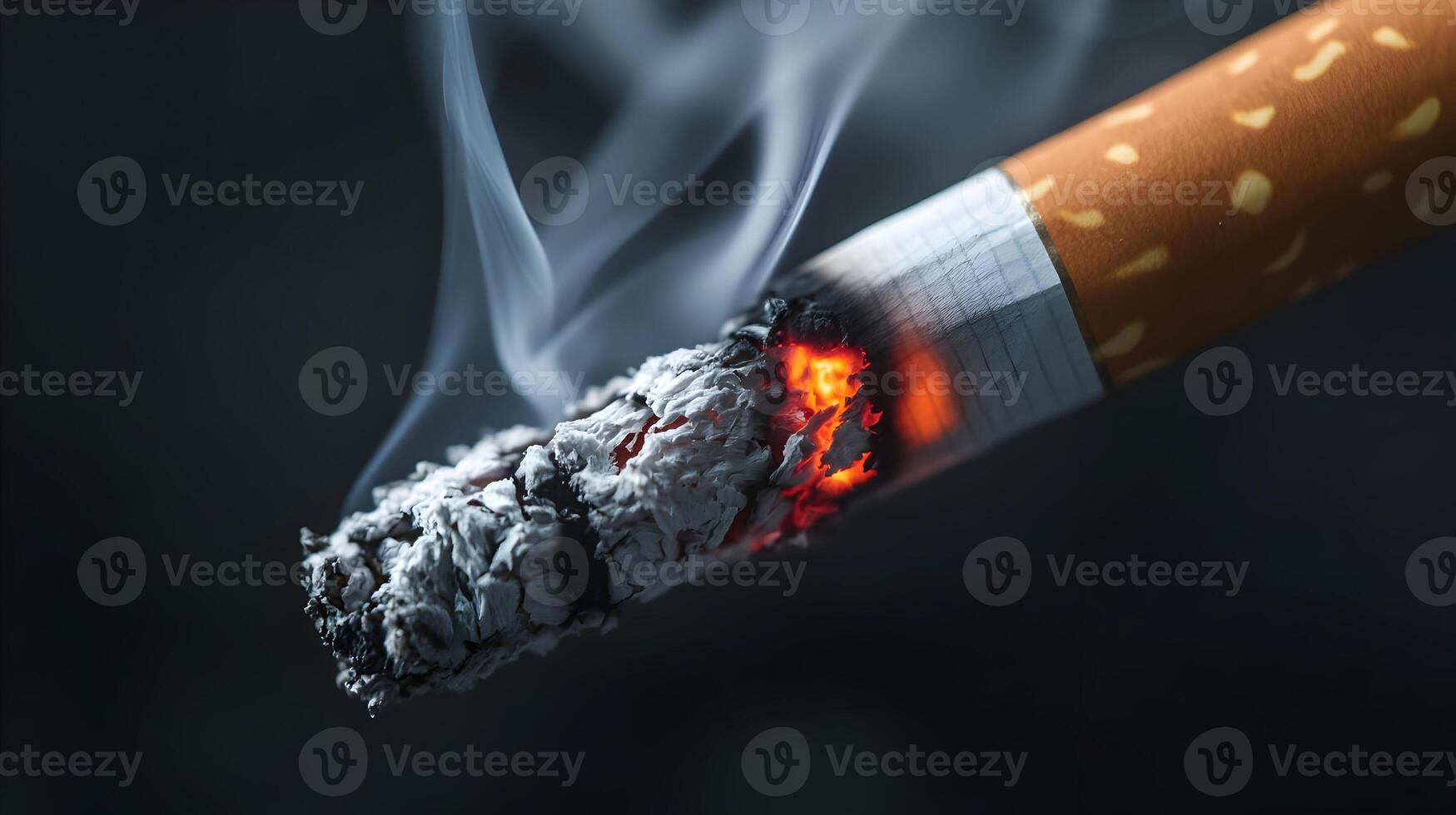 Close-Up of a Burning Cigarette with Glowing Tip and Rising Smoke on a Dark Background photo