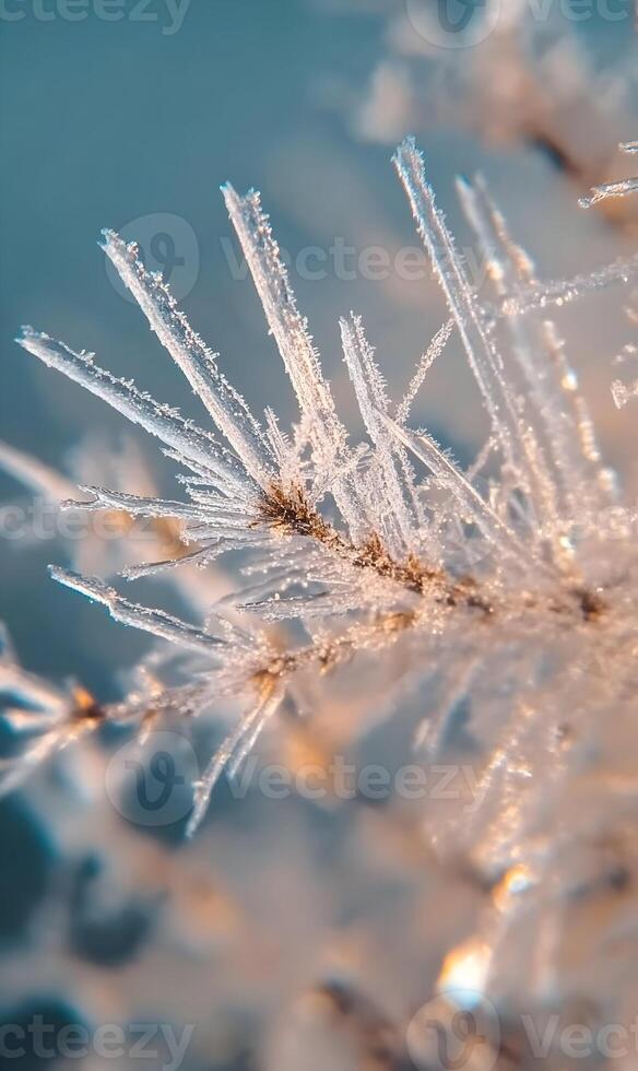 Icy Embrace A winter close-up of frost clinging to delicate pine needles enchanting nature's artistry photo