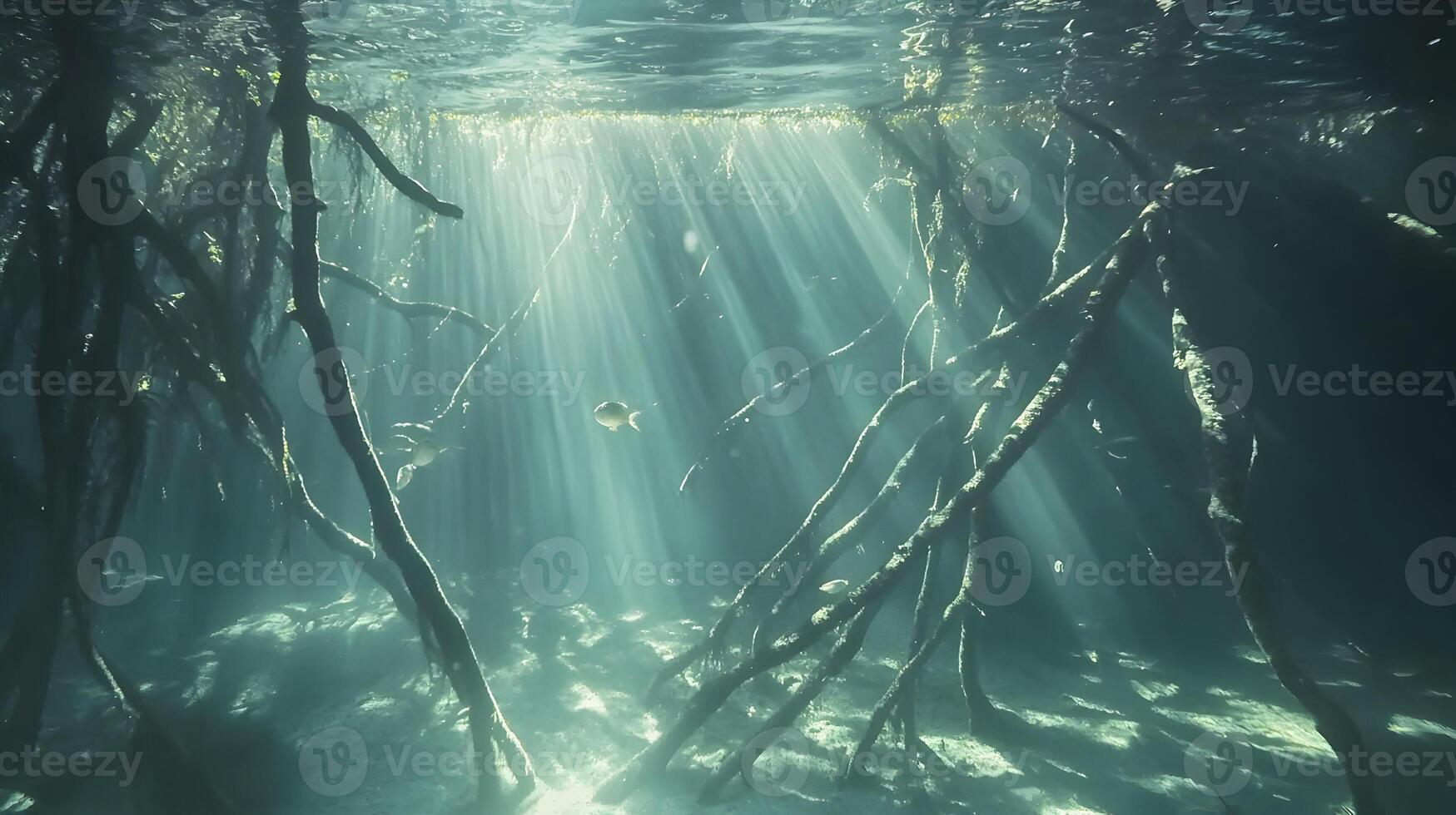 Ethereal underwater realm Submerged mangrove forest bathed in sunbeams creating a mystical scene photo