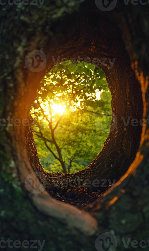 Sunlit vista through a natural tree window, evoking a sense of natural beauty and tranquility photo