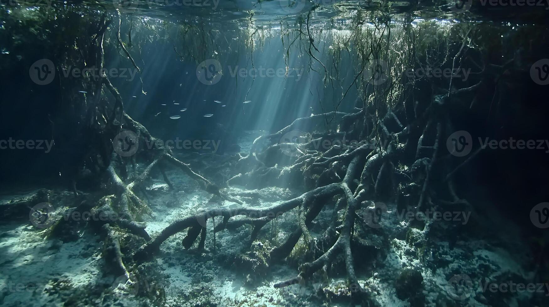 Mystical Underwater World Sunlit Mangrove Roots Creating Ethereal Beauty and Tranquility photo