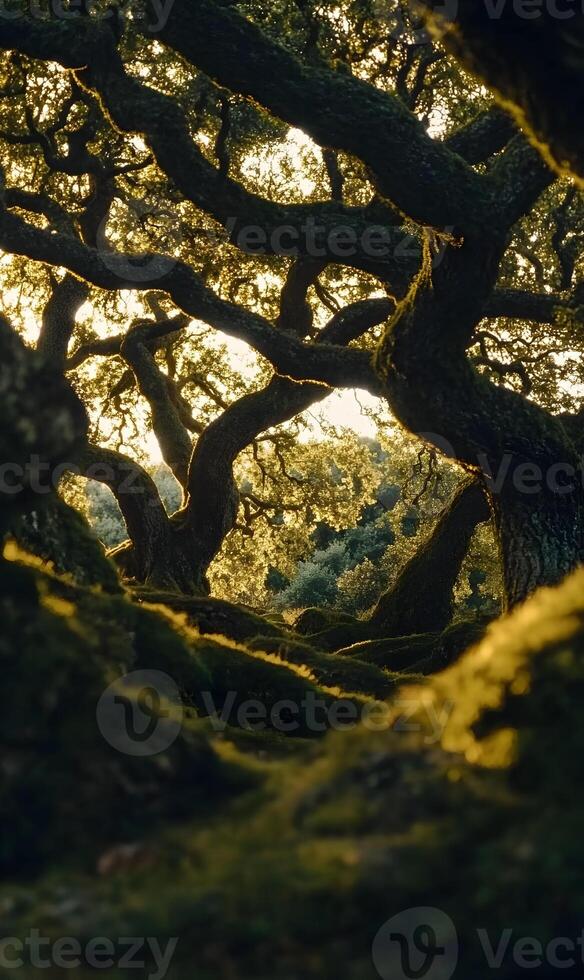 Majestic forest vista Ancient oak trees form a captivating landscape with a lush, mossy foreground photo