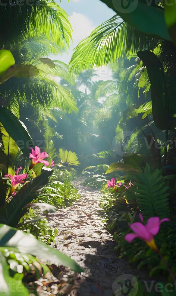 Experiencing a lush journey through a serene jungle pathway bathed in soft sunlight, tropical flora photo