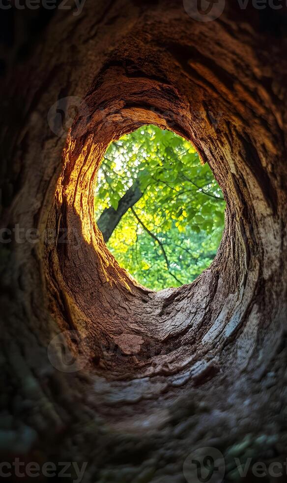 View from the Inside Looking Out Perspective into Summer Sunlight Glimmering Through Tree Canopy photo