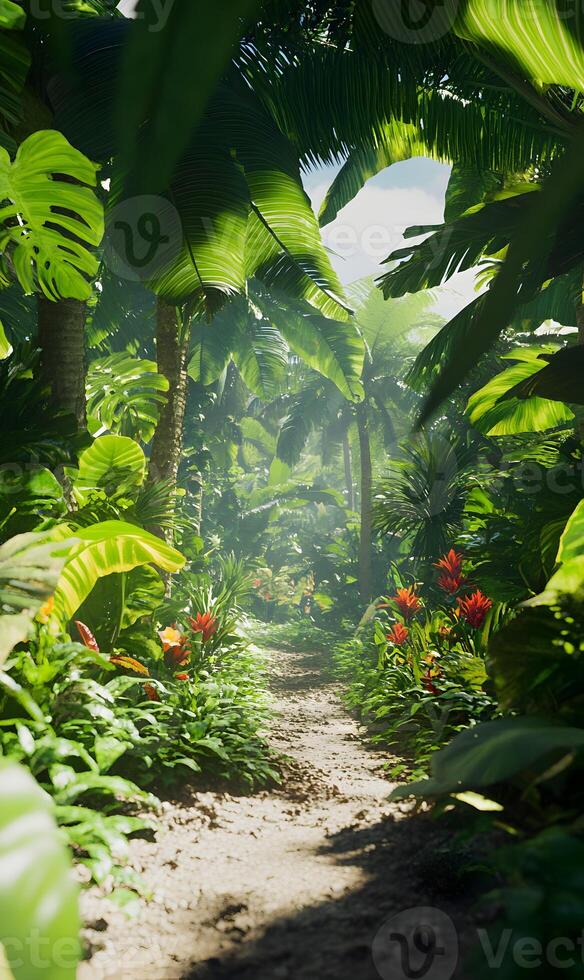Immersive First-Person Perspective Journey Through Lush Tropical Botanical Garden Pathway photo