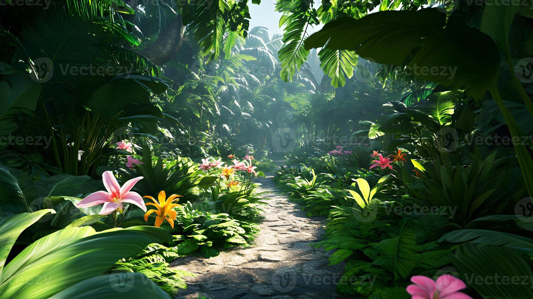 Lush Tropical Pathway Beckons with Vibrant Flora and Verdant Foliage offering Serene Exploration photo