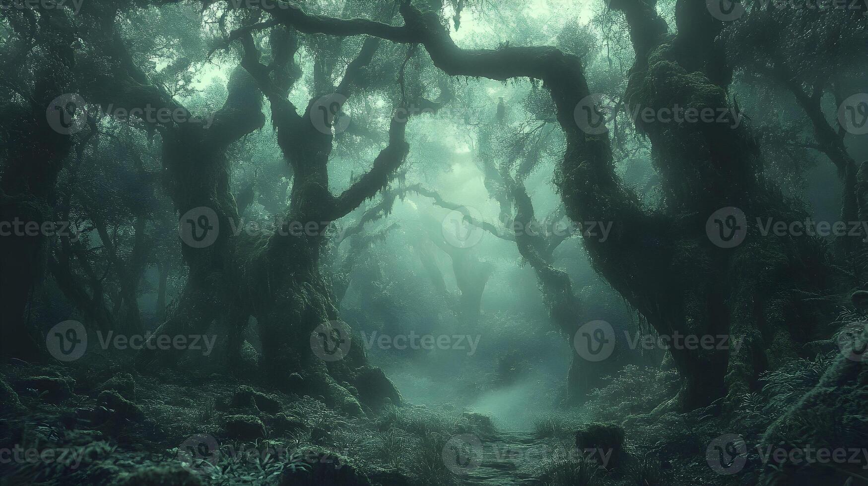 Mystical woodland path through towering trees shrouded in fog evoking mystery and serenity photo