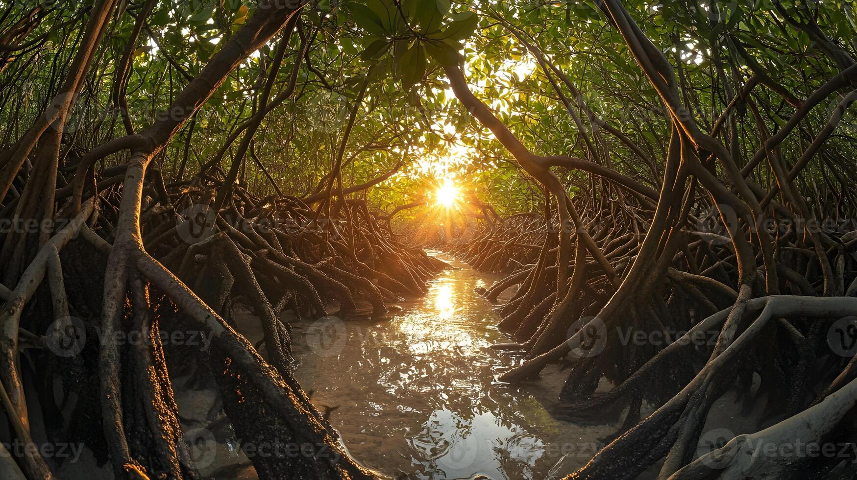 Magical mangrove canopy with intertwined roots and sun rays creating a natural tunnel vision photo