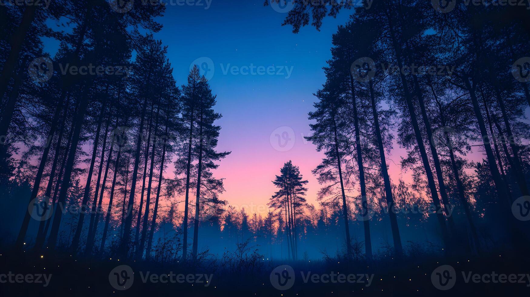 Enchanting twilight forest scene with silhouetted trees and a mesmerizing pastel sky panorama photo