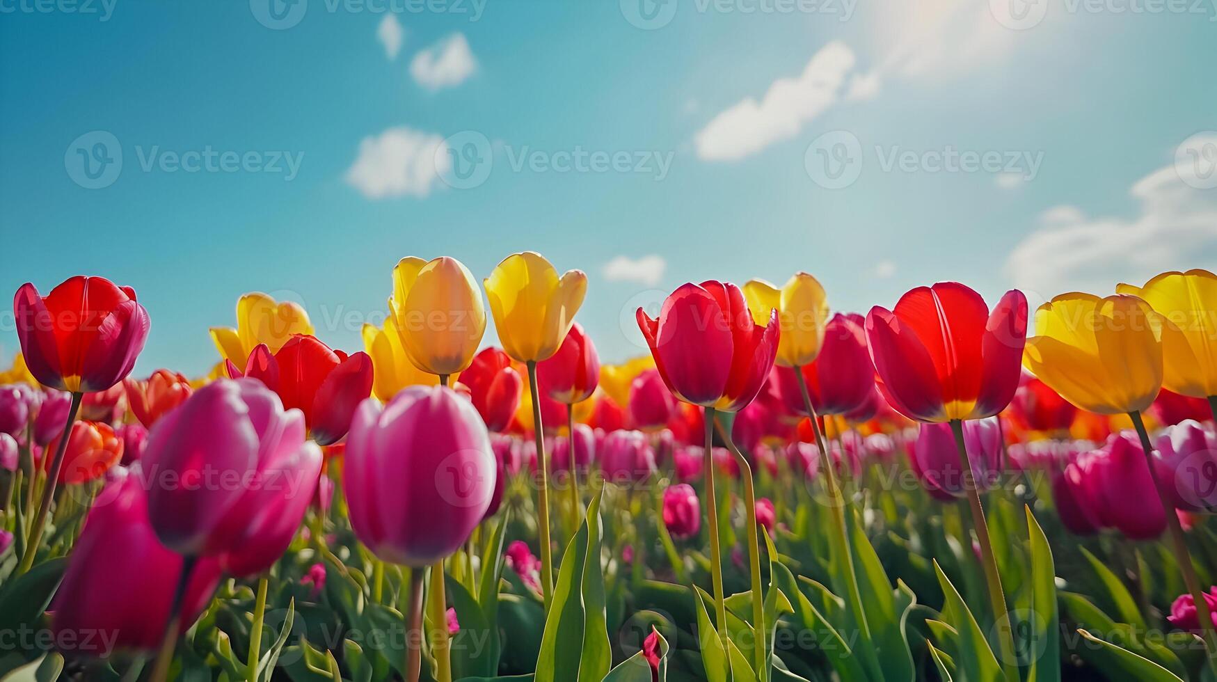 Bright Tulip Field with Vivid Colors and a Clear Sky Displaying the Beauty of Spring photo