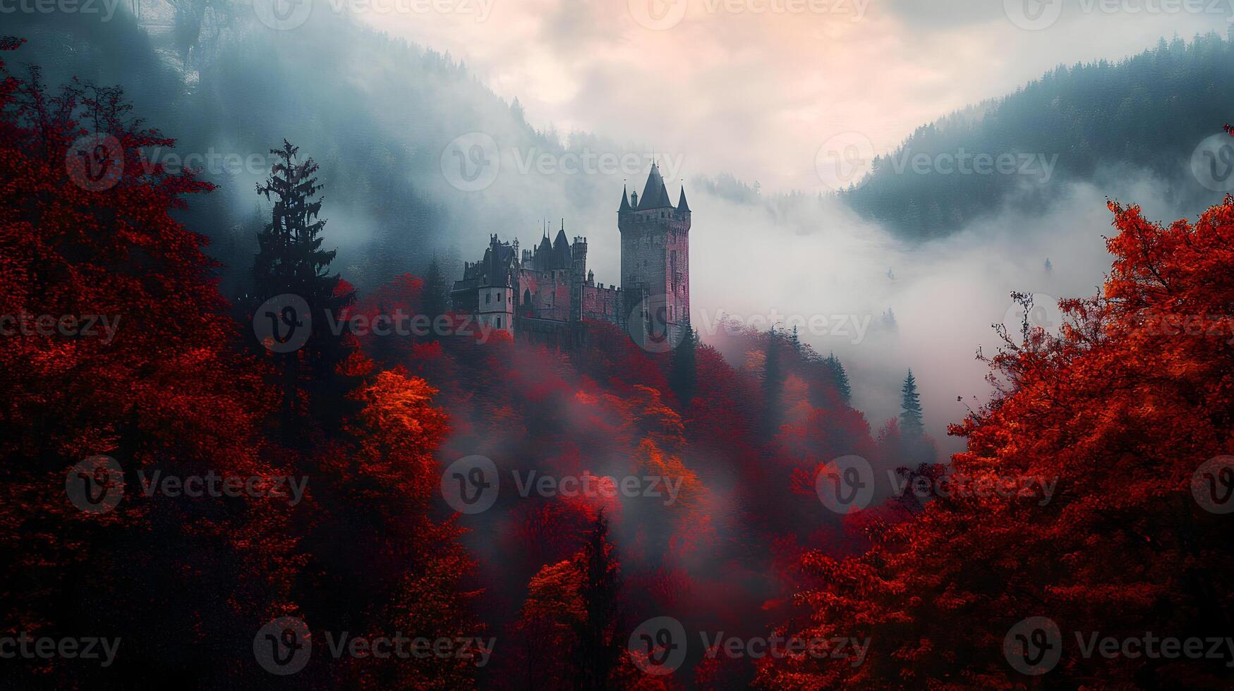 Enchanting medieval castle veiled in mysterious fog surrounded by vibrant autumn foliage. photo