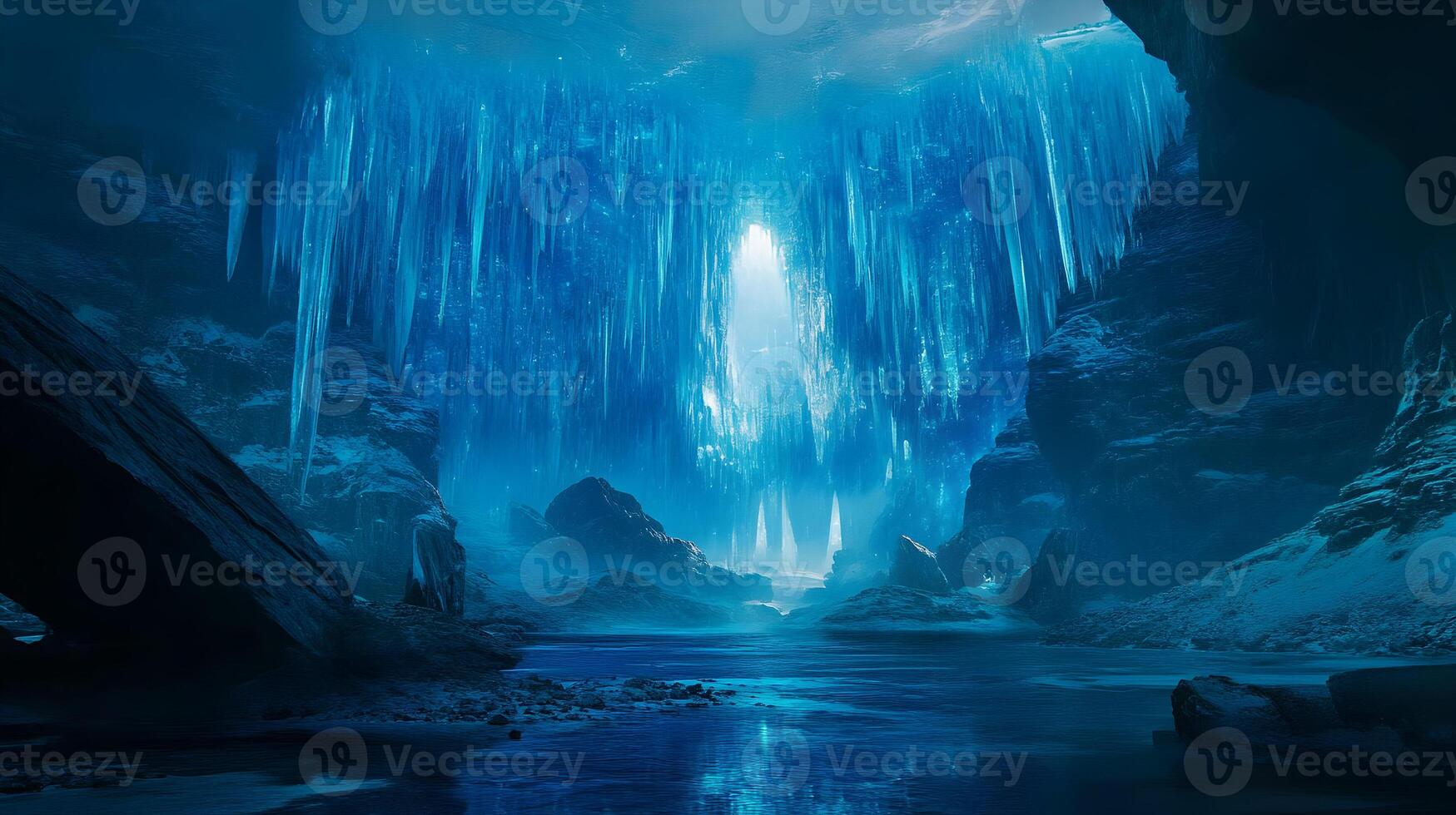 The Frozen Depths Await Unveiling a Subterranean Realm of Sparkling Icicles and Azure Waters photo