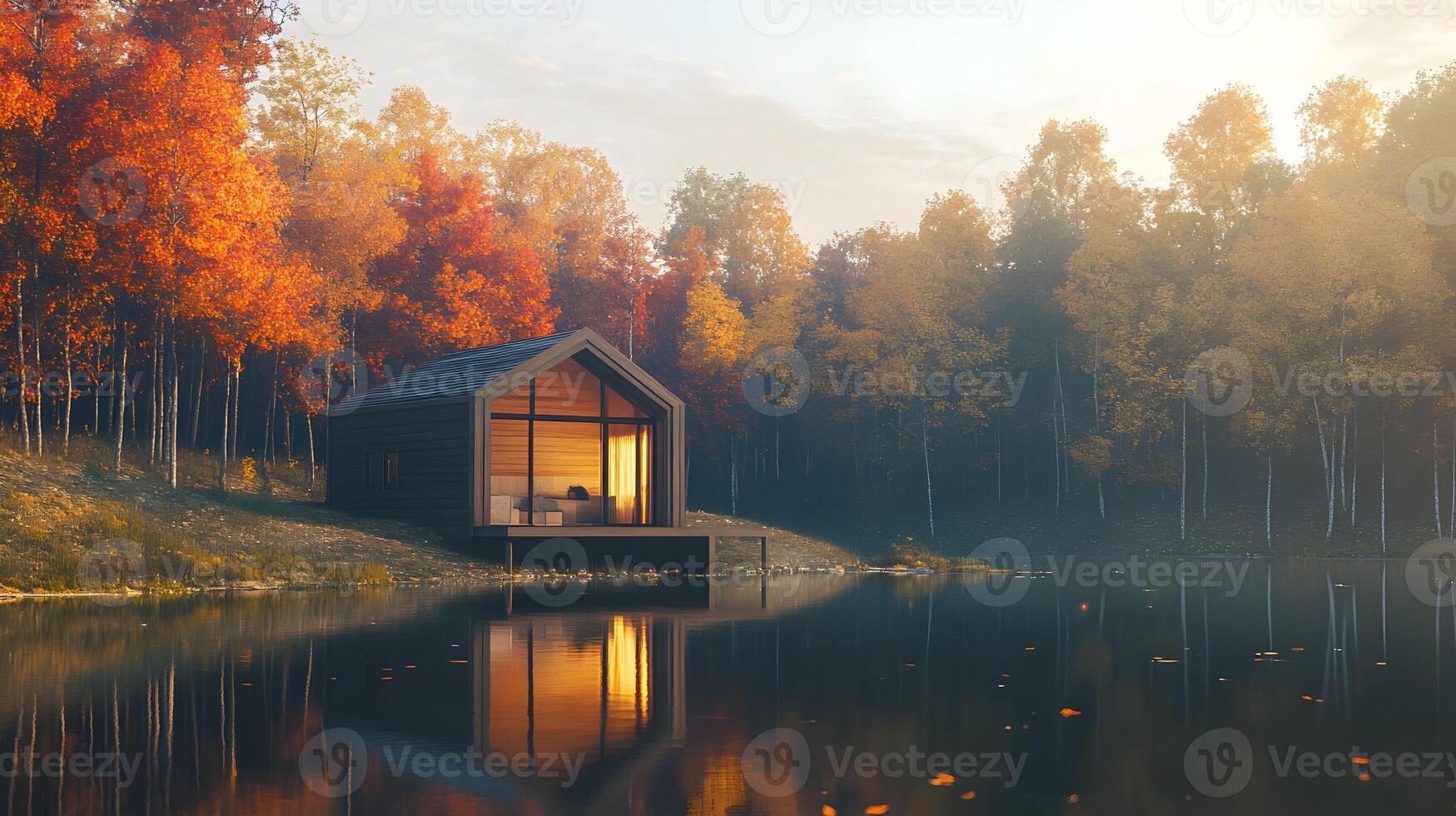 Autumnal Cabin Retreat Serenity by the Lake A Tranquil Escape in a Forest Setting photo