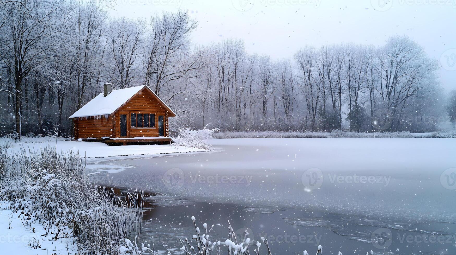 Enchanting winter cabin nestled along a serene frozen lake surrounded by snowy trees photo
