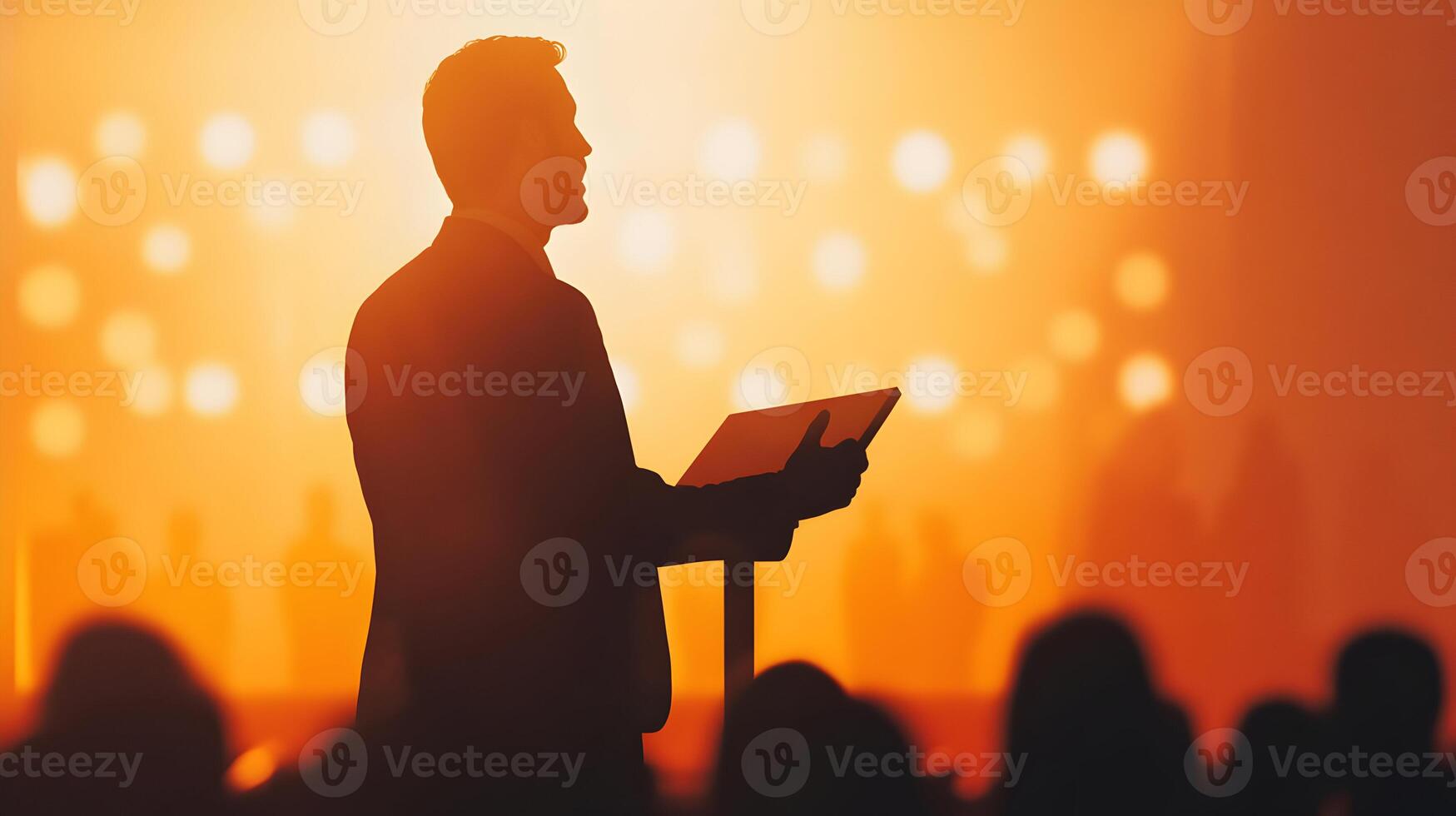 Silhouette of an orator delivering an inspiring speech during a grand conference event photo