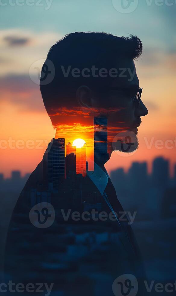 Urban dreams Businessman Profile Silhouette with Cityscape Sunset Double Exposure Concept photo