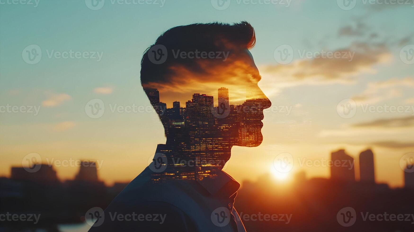 Silhouette of a man blending with cityscape, vision of urban life, and future aspiration photo