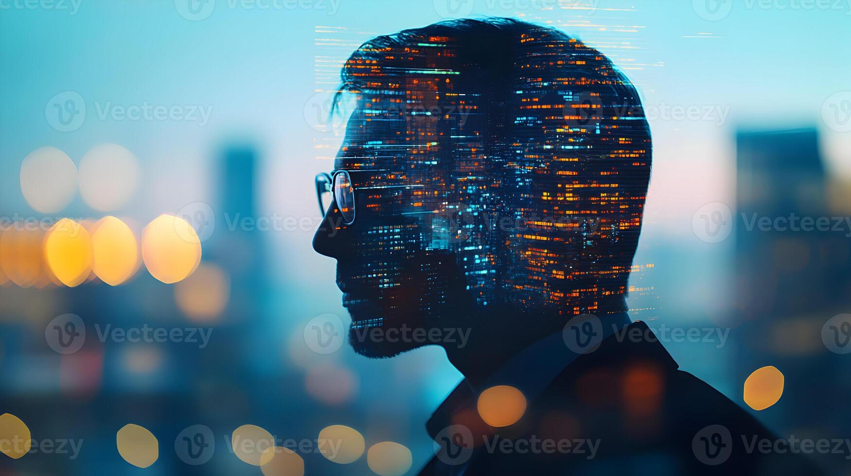Visionary city planning double exposure concept with cityscape and pensive silhouette photo
