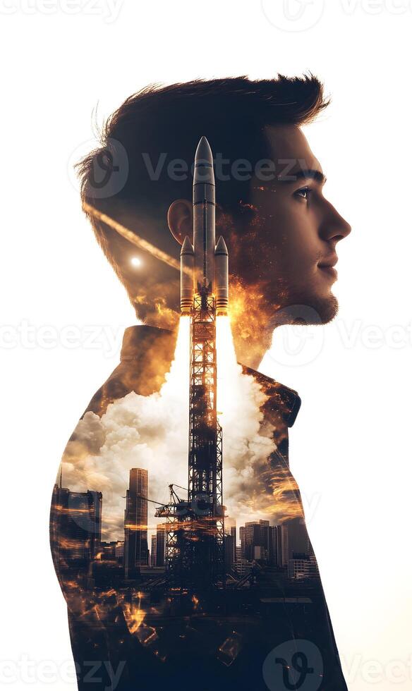 Ambitious aspirations a double exposure of a man contemplating a rocket launch over city skyline. photo