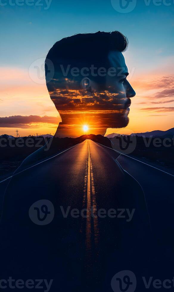 Silhouetted face merged with road leading towards horizon with a warm sunset sky photo