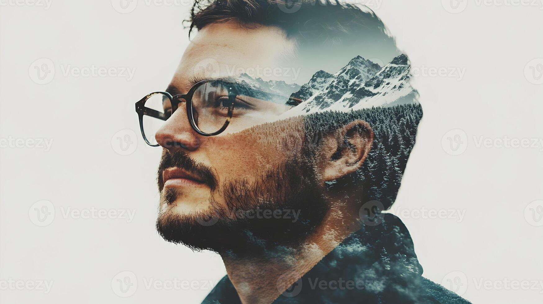 Dreamy portrait showcasing a contemplative man with mountainous landscapes overlaid artfully photo