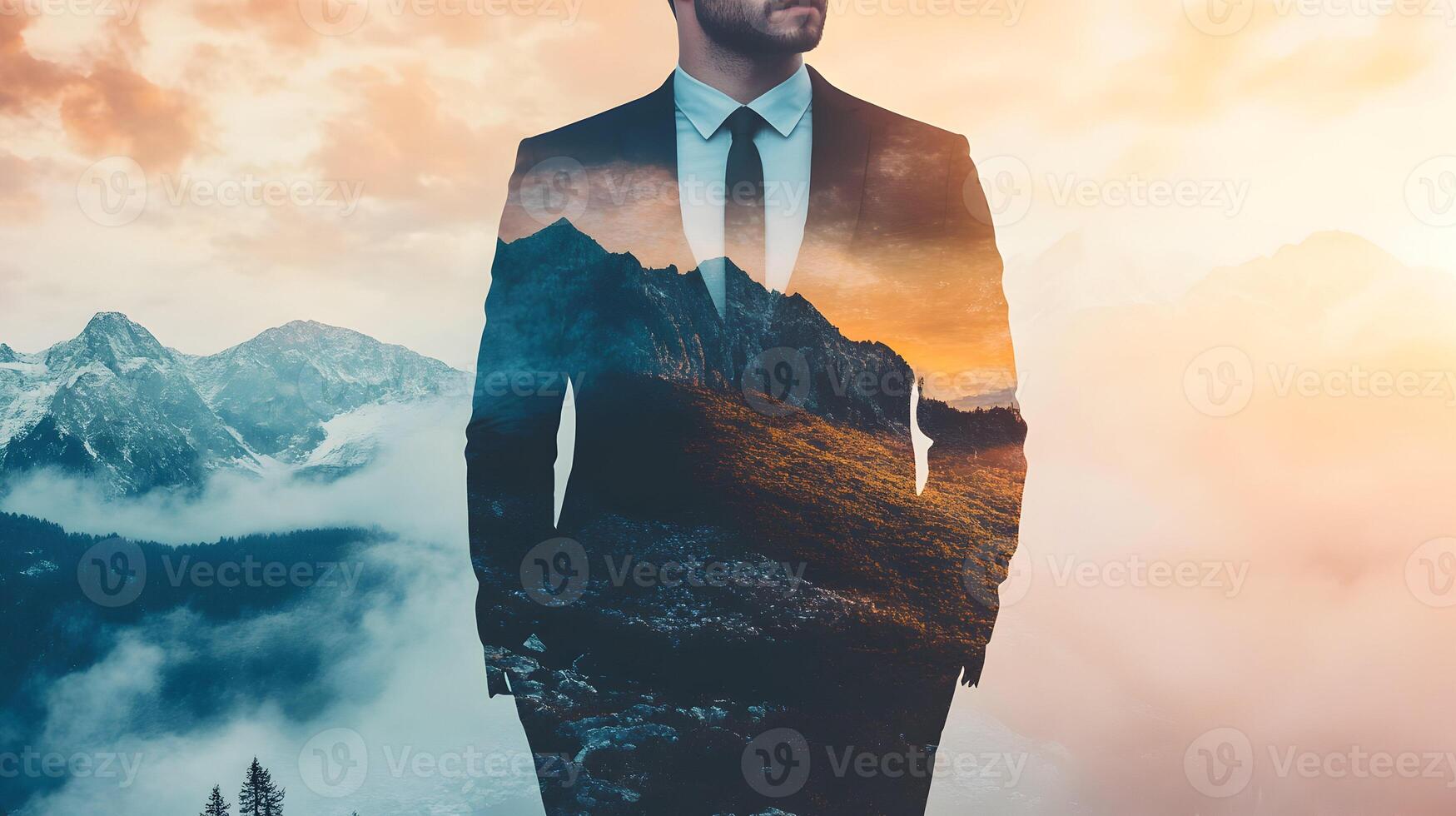 Aspiration and determination, a man's silhouette merged seamlessly with alpine landscapes photo