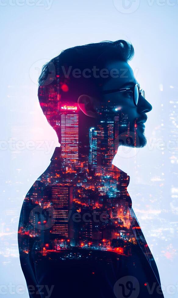 Sophisticated synergy concept portrait integrating human form and modern city skyline photo