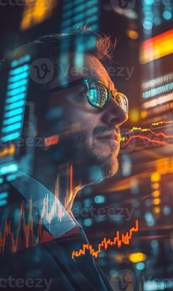 Visionary Trader Navigating Financial Data Stream in the Dynamic Urban Landscape Setting photo