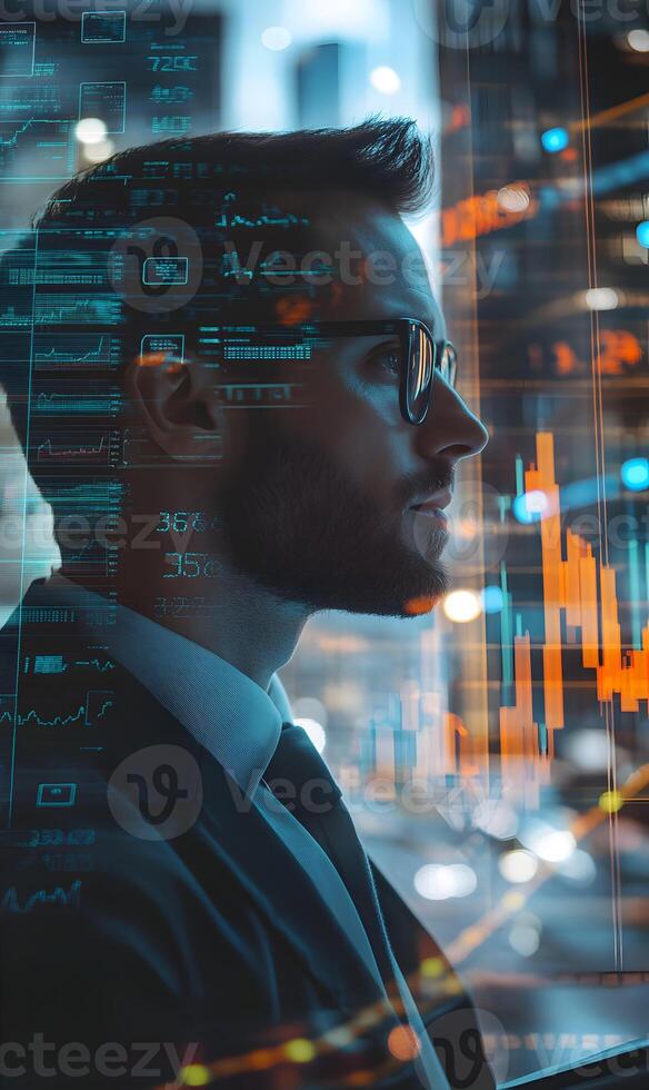 Analytical businessman immersed in market data, envisioning strategy and forecasting future trends photo