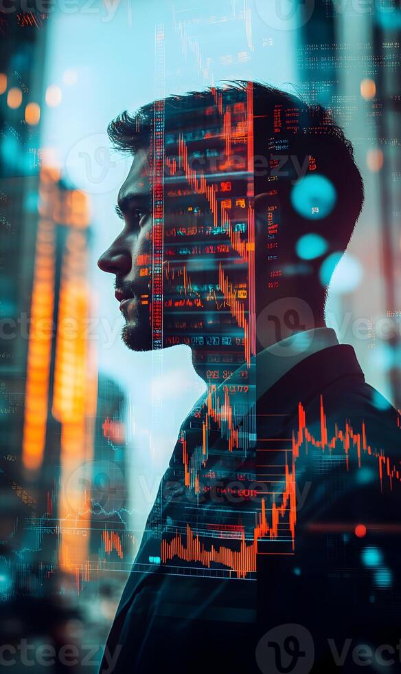 Contemplative visionary investor analysis of market trends, economic outlook and financial gains. photo
