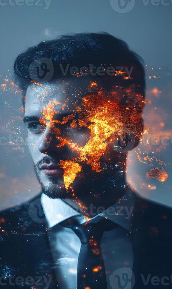 Global business network connections showing on a businessman face to conceptualize photo