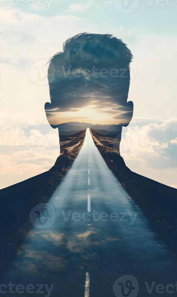 Man's silhouette encapsulating a journey leading towards the horizon, dreams, and future goals photo