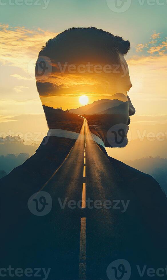Conceptual man road to success, vision of future growth and aspiration, ambition and challenge photo