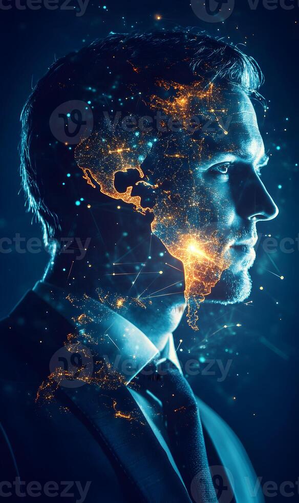 Global Connections Insight Man Network Communication Concept with World Map Overlaying Head photo