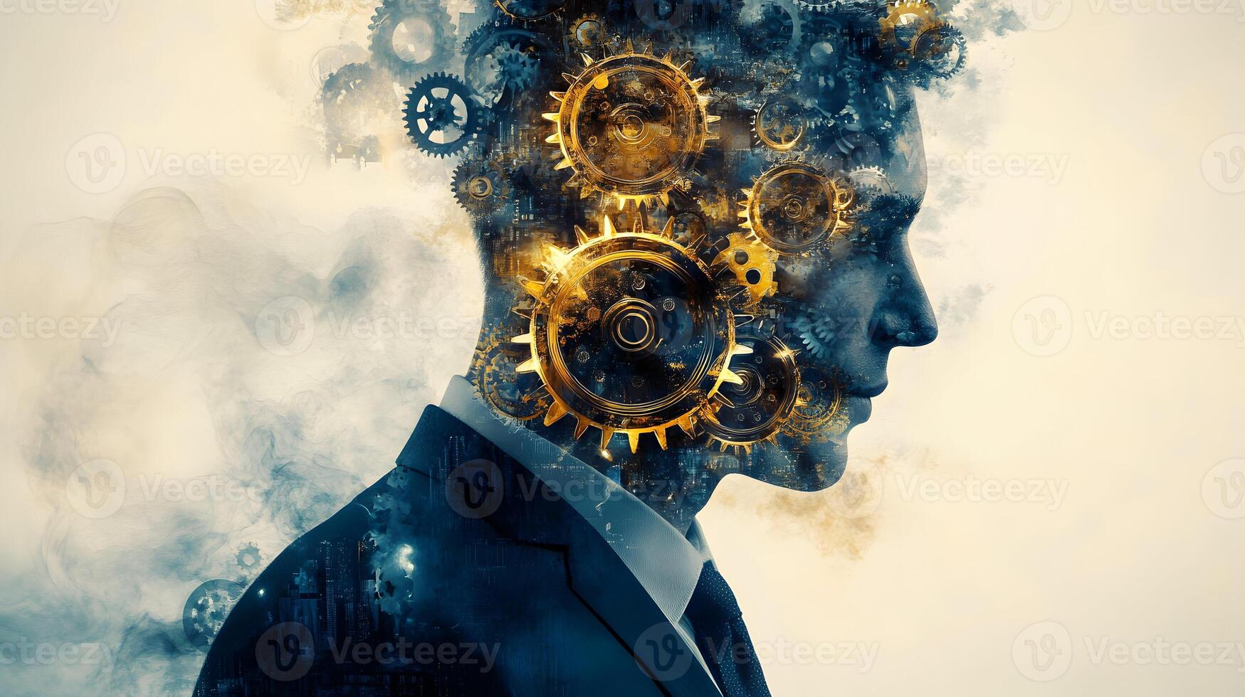 Complex cognitive processes illustrated by intricate gears within a silhouette, head profile photo
