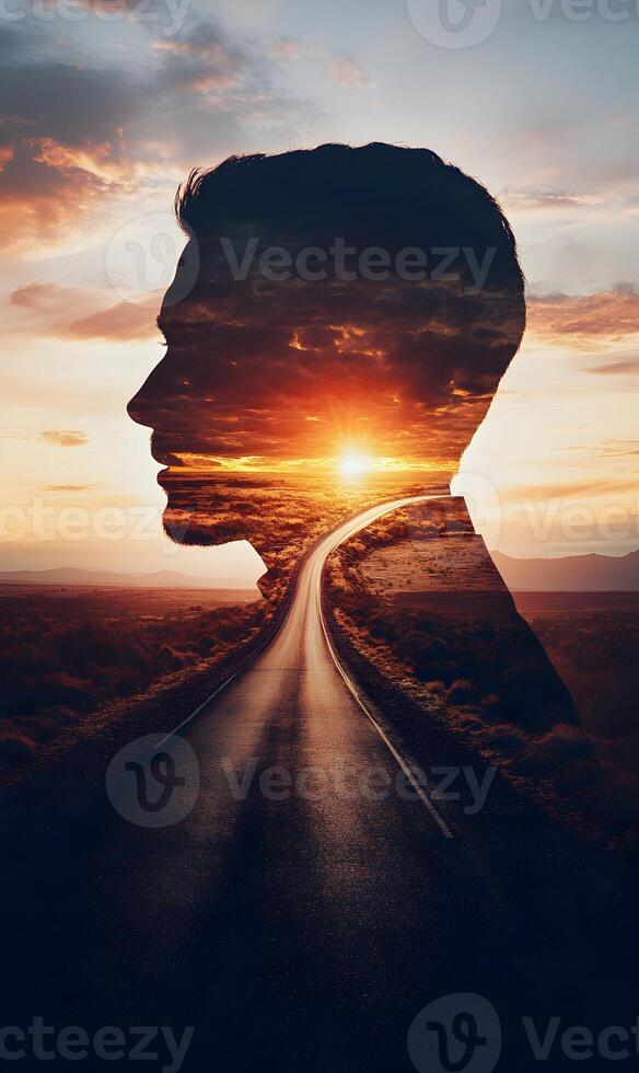 A symbolic journey unfolds within a silhouetted man, capturing aspiration and introspection photo
