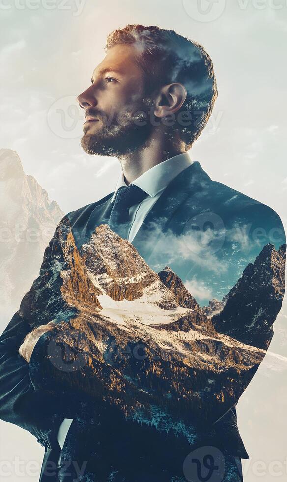 Conceptual Portrait Merging a Visionary Man with Majestic Mountain Landscape Beauty photo