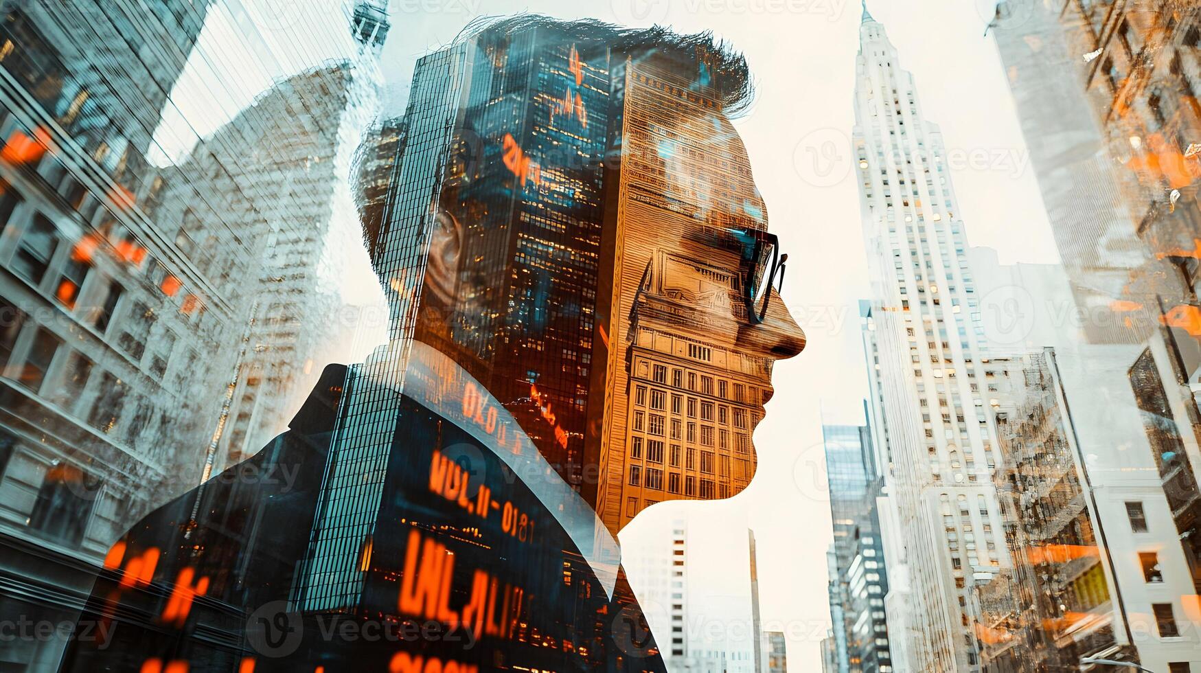 Metropolitan Ambition A Man's Silhouette Overlaid with the Dynamic Cityscape Vision photo