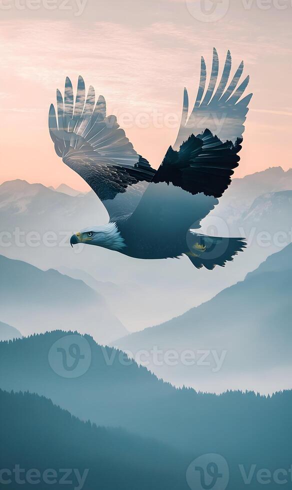 Serenity in Flight An Eagle's Vision of Mountain Majesty with a Double Exposure Effect photo