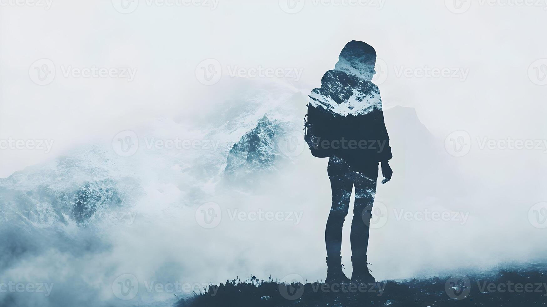 A Transparent Silhouette Hiker Standing on a Mountain with Snow Capped Peaks Inside photo
