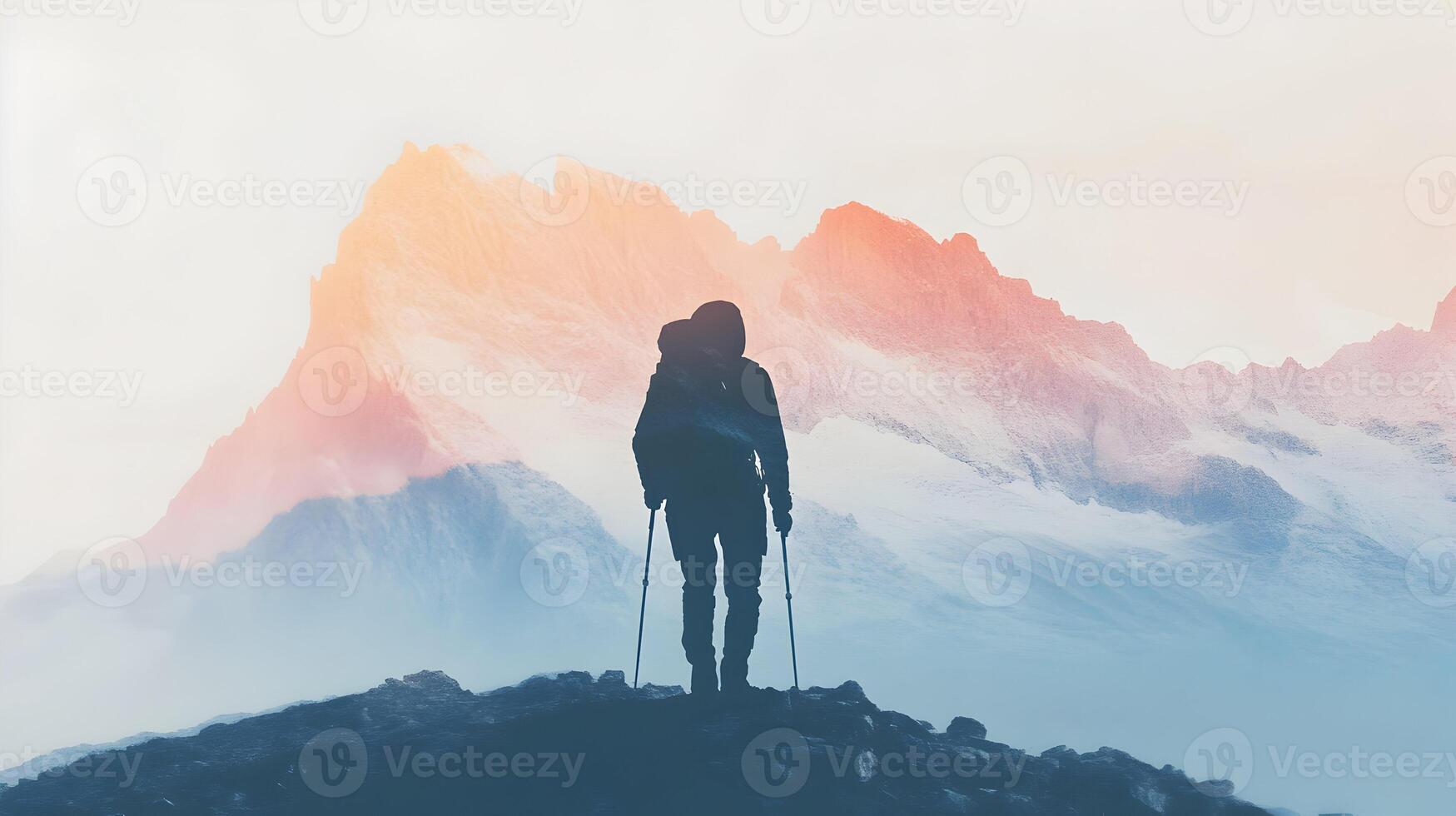 Silhouette of a backpacker standing atop rocky terrain, facing majestic mountain ranges photo