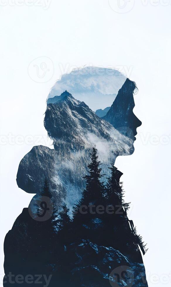 Silhouette portrait with mountain landscape concept, symbolizing the journey within self photo