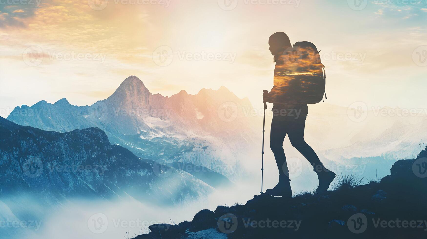 Trailblazer's silhouette hiking through majestic peaks, embracing the sky on a journey photo