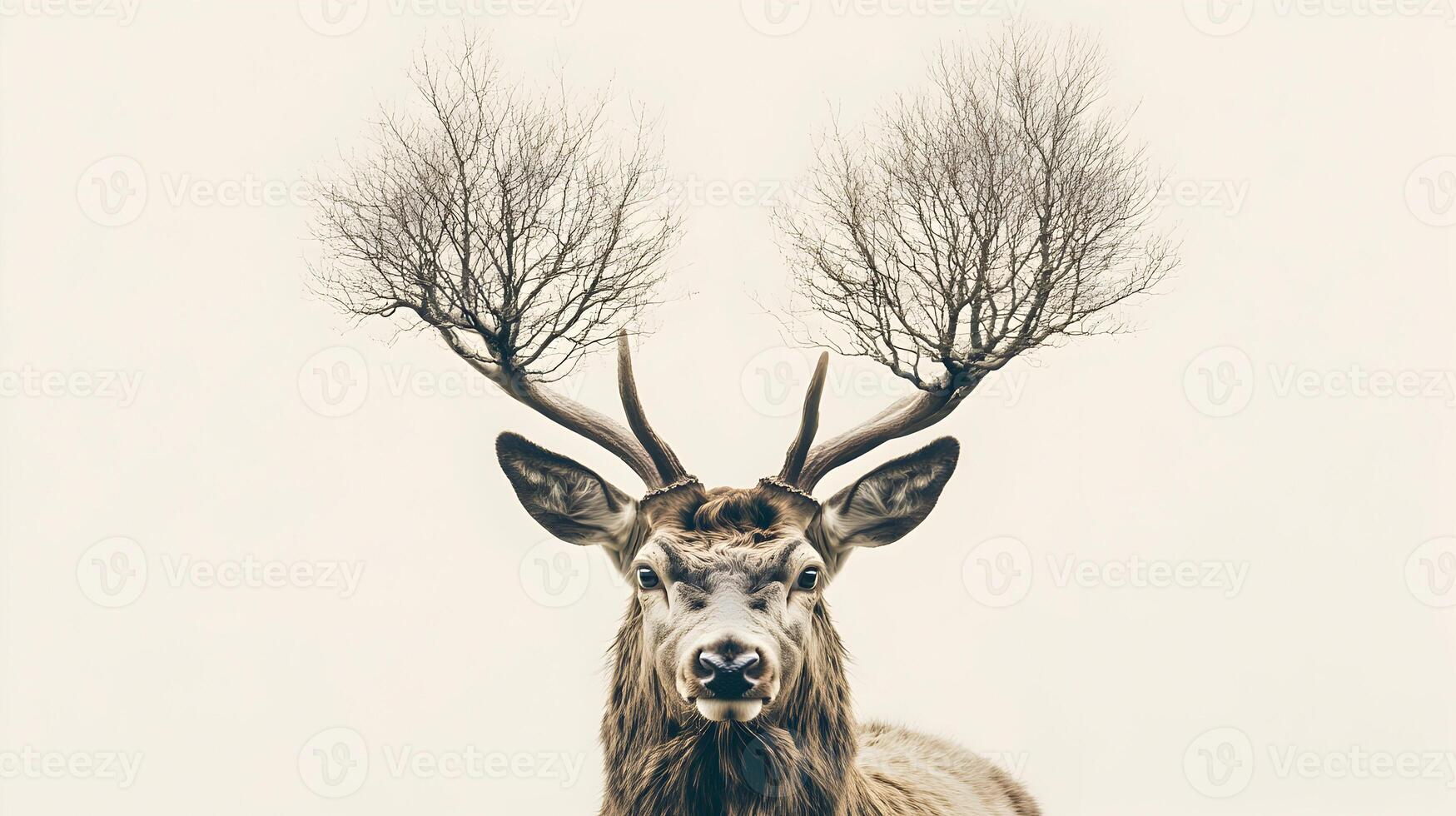 Whimsical portrait of a majestic deer with branches sprouting from its antlers creating surreal artwork photo