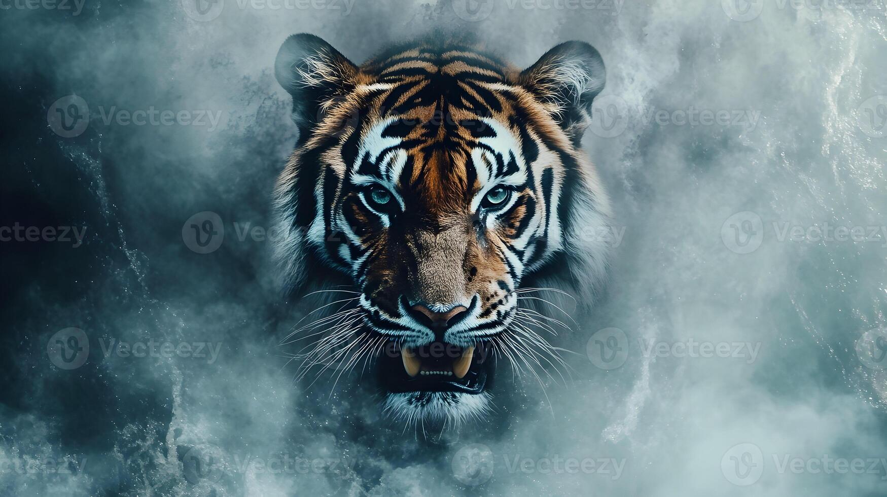 Majestic Tiger Face in an Ethereal Realm of Misty Blues and Dynamic Depths of Color photo