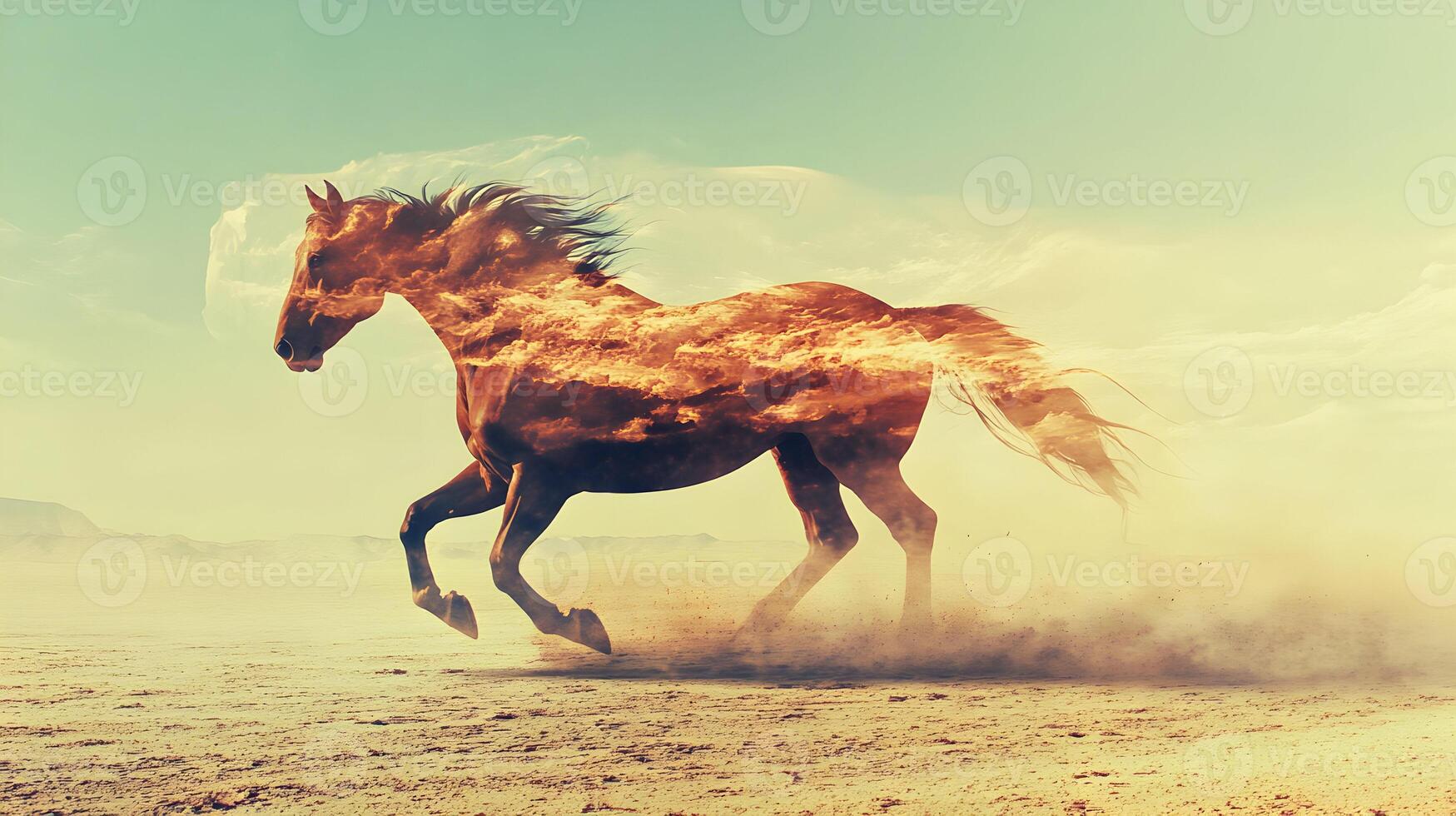 Surreal equine vista featuring a galloping horse with clouds embedded within its form. photo