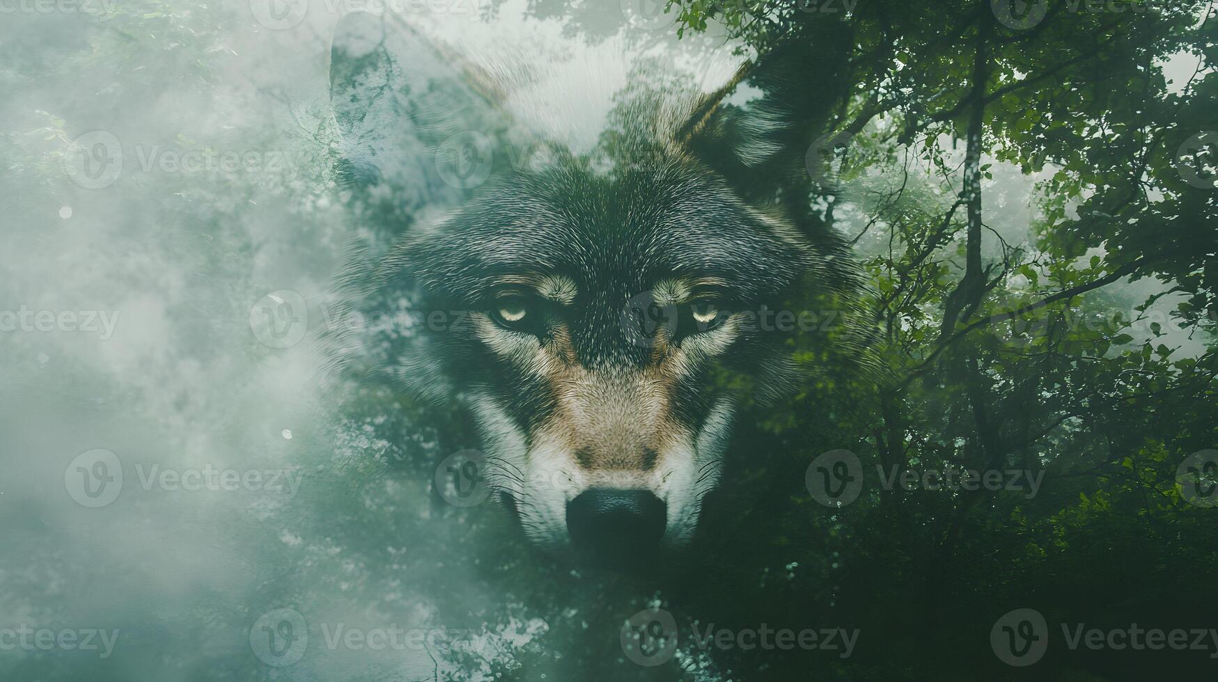 A wolf merges with the forest, a powerful image of wildlife meeting natural elements, concept photo