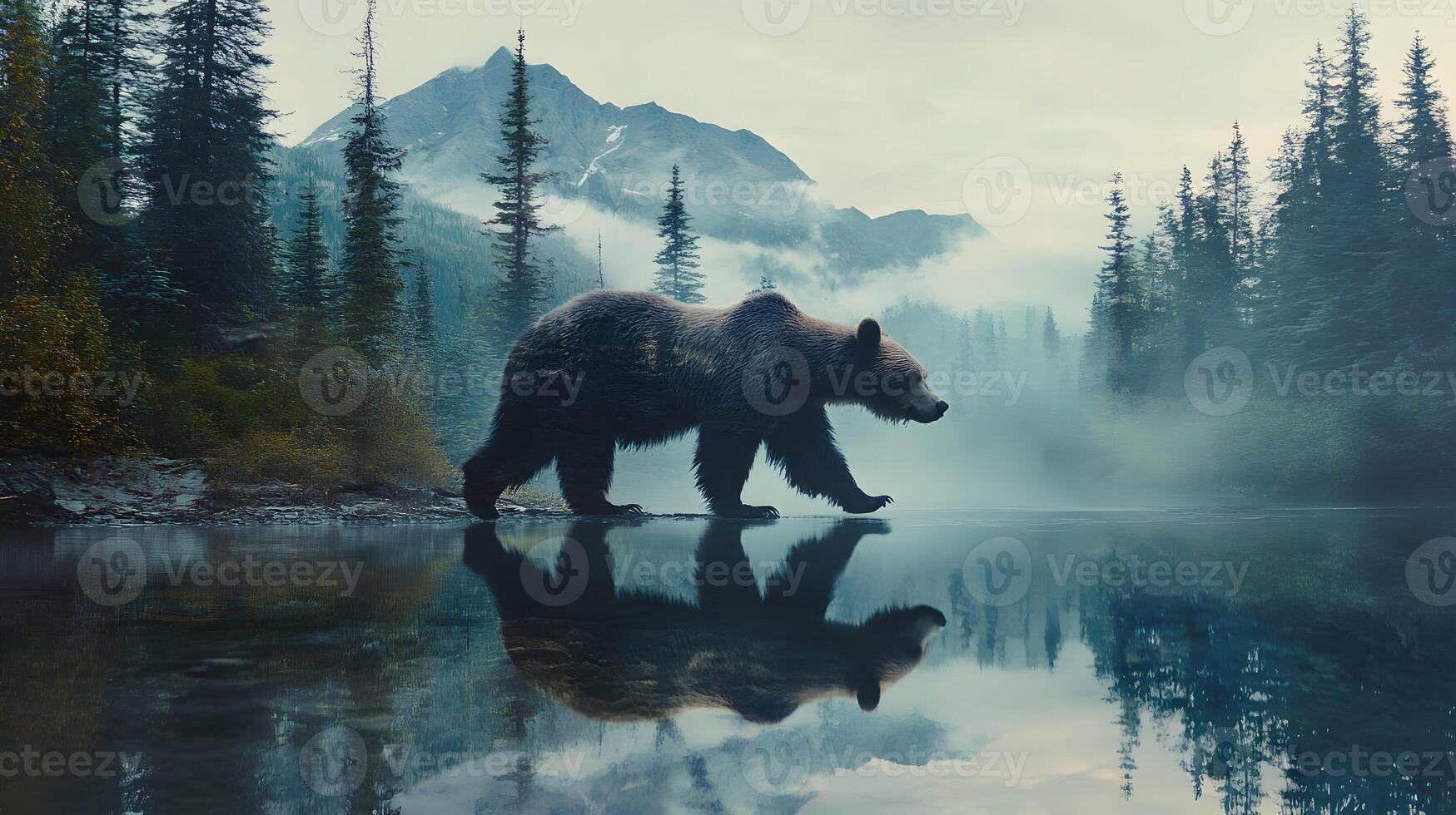 Majestic Grizzly Bear Reflecting in Calm Lake Waters Against Mountainous Forest Backdrop photo